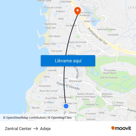 Zentral Center to Adeje map