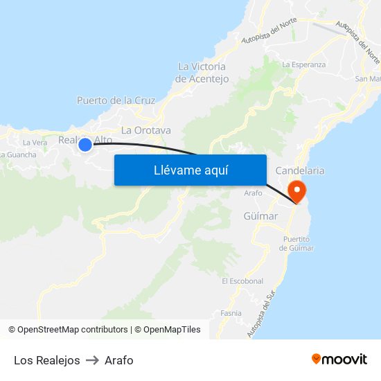 Los Realejos to Arafo map
