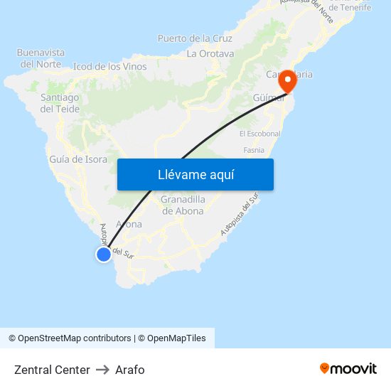 Zentral Center to Arafo map