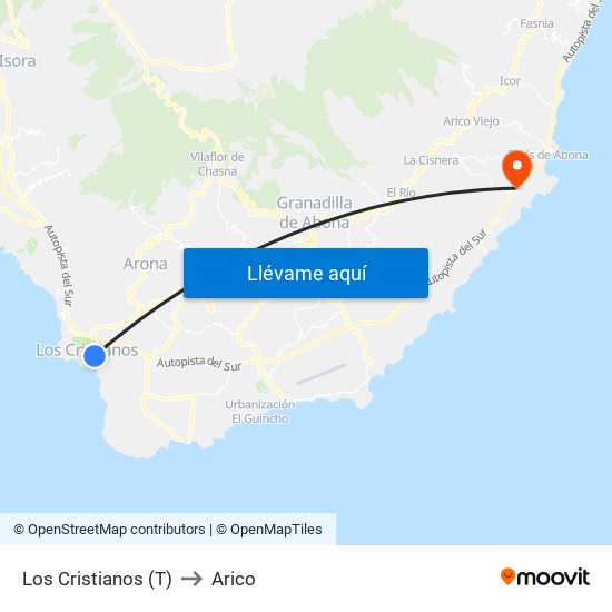 Los Cristianos  (T) to Arico map