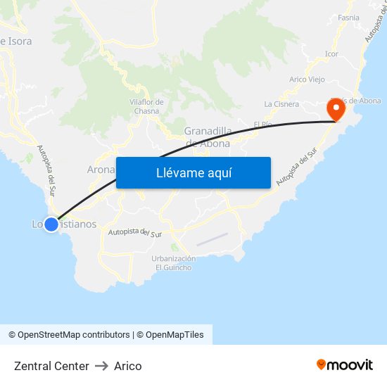 Zentral Center to Arico map