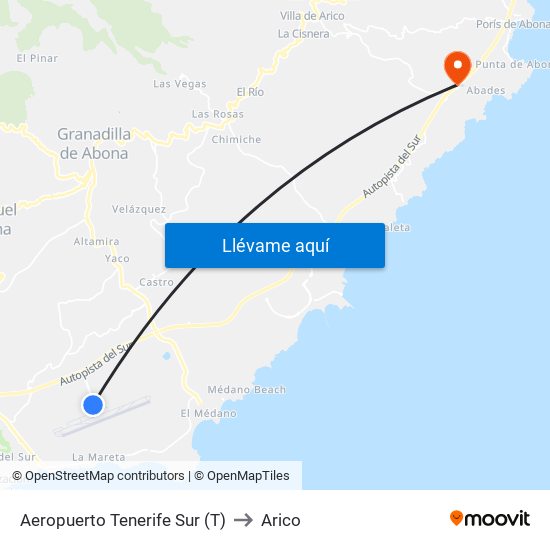 Aeropuerto Tenerife Sur (T) to Arico map