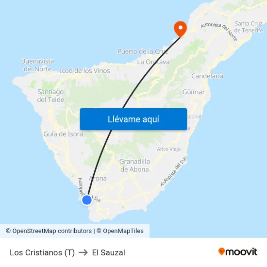 Los Cristianos (T) to El Sauzal map