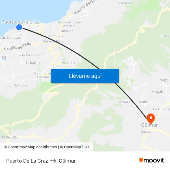 Puerto De La Cruz to Güímar map