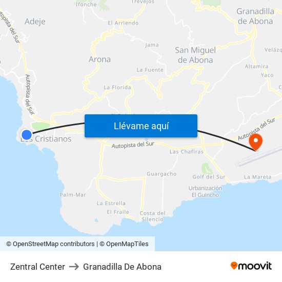 Zentral Center to Granadilla De Abona map