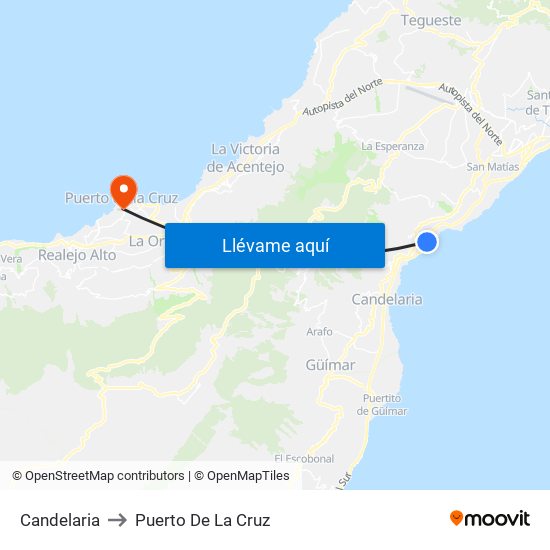 Candelaria to Puerto De La Cruz map