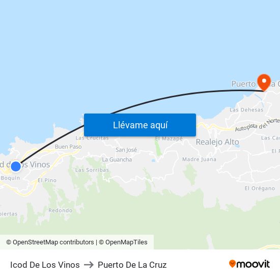 Icod De Los Vinos to Puerto De La Cruz map