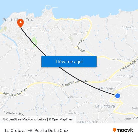 La Orotava to Puerto De La Cruz map