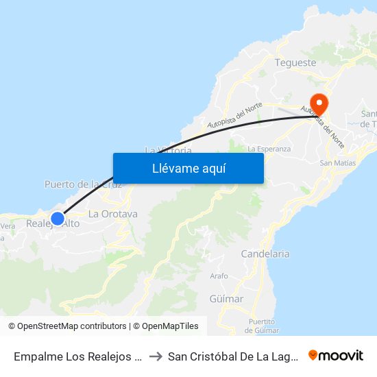Empalme Los Realejos (T) to San Cristóbal De La Laguna map