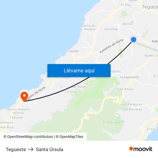 Tegueste to Santa Úrsula map