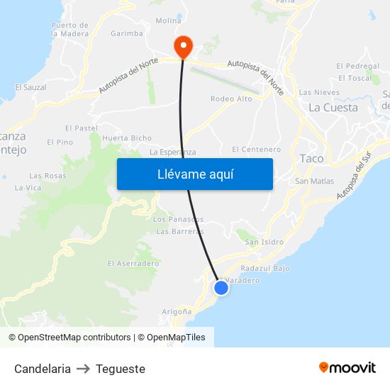 Candelaria to Tegueste map