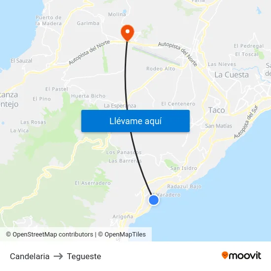 Candelaria to Tegueste map