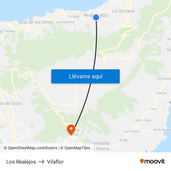 Los Realejos to Vilaflor map