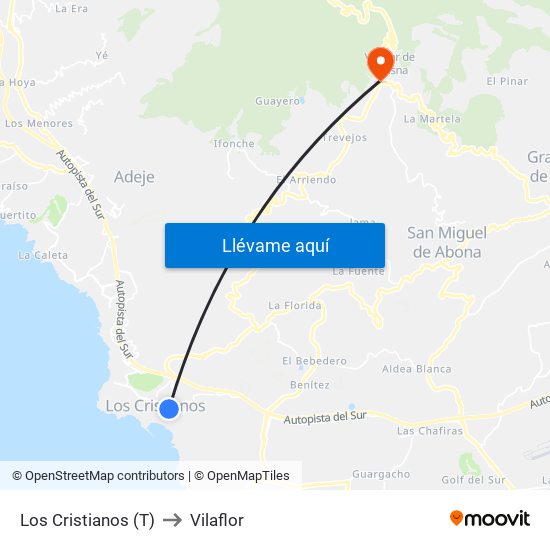 Los Cristianos  (T) to Vilaflor map