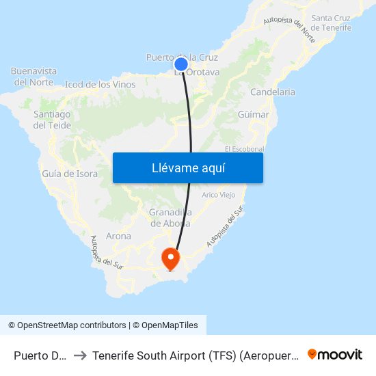 Puerto De La Cruz to Tenerife South Airport (TFS) (Aeropuerto de Tenerife Sur-Reina Sofía) map