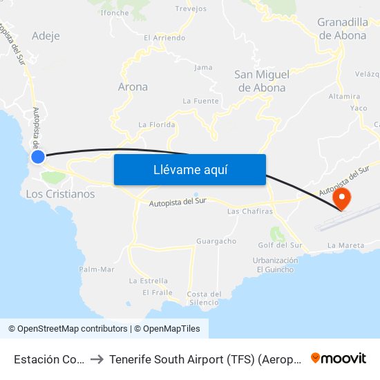 Estación Costa Adeje (T) to Tenerife South Airport (TFS) (Aeropuerto de Tenerife Sur-Reina Sofía) map