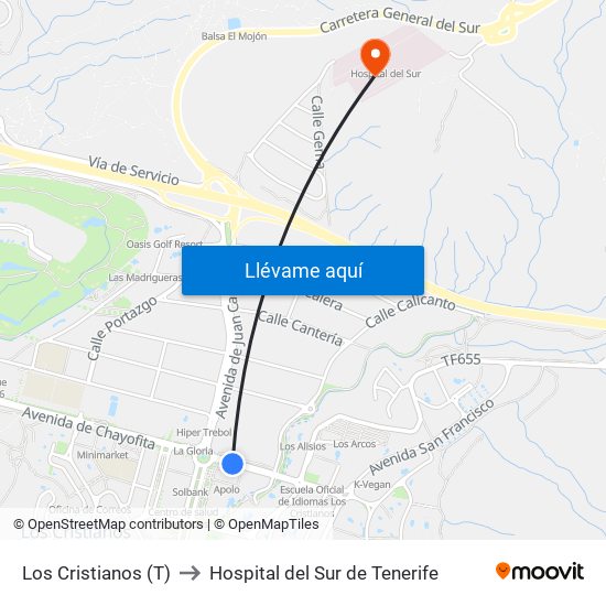 Los Cristianos (T) to Hospital del Sur de Tenerife map