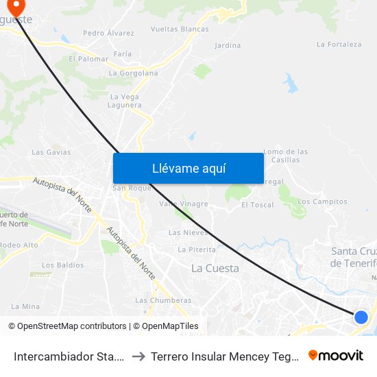 Intercambiador Sta.Cruz to Terrero Insular Mencey Tegueste map