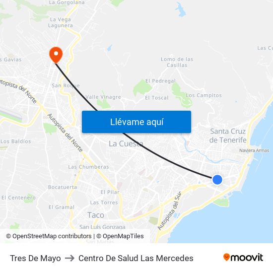 Tres De Mayo to Centro De Salud Las Mercedes map