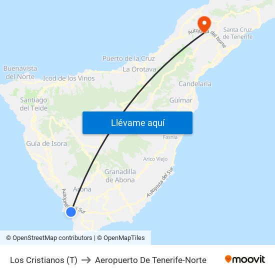 Los Cristianos  (T) to Aeropuerto De Tenerife-Norte map