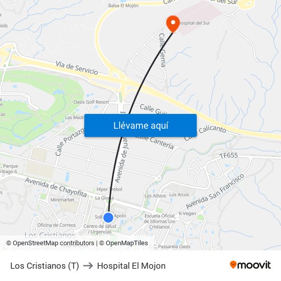 Los Cristianos  (T) to Hospital El Mojon map