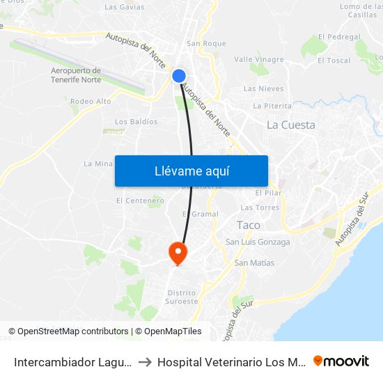 Intercambiador Laguna (T) to Hospital Veterinario Los Majuelos map