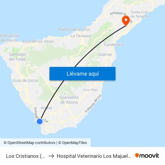 Los Cristianos  (T) to Hospital Veterinario Los Majuelos map