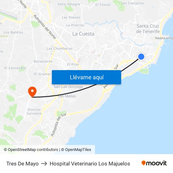 Tres De Mayo to Hospital Veterinario Los Majuelos map