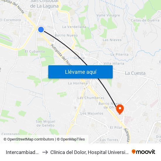 Intercambiador Laguna (T) to Clínica del Dolor, Hospital Universitario de Canarias, La Laguna map