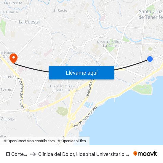 El Corte Inglés to Clínica del Dolor, Hospital Universitario de Canarias, La Laguna map