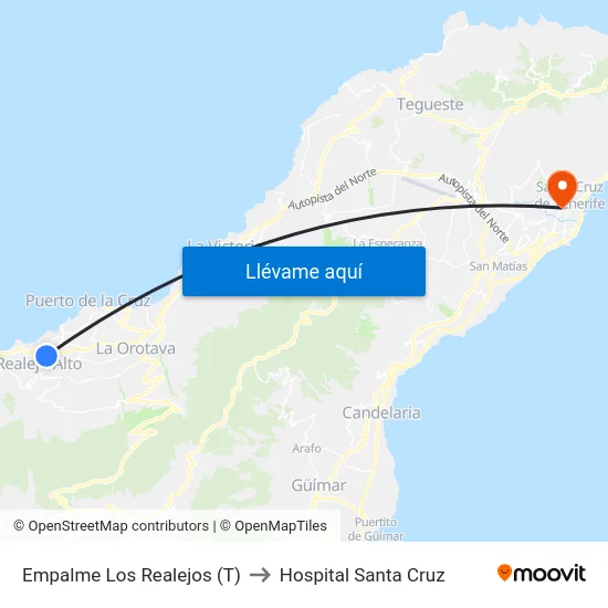 Empalme Los Realejos (T) to Hospital Santa Cruz map