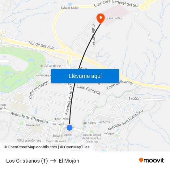 Los Cristianos (T) to El Mojón map