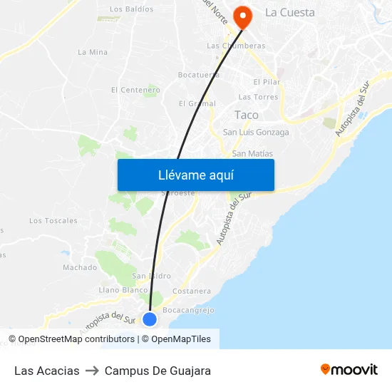 Las Acacias to Campus De Guajara map