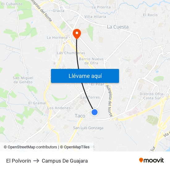 El Polvorín to Campus De Guajara map