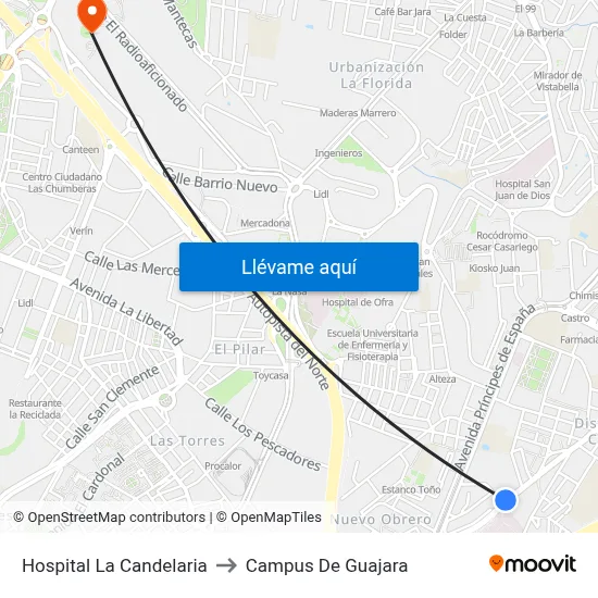 Hospital La Candelaria to Campus De Guajara map