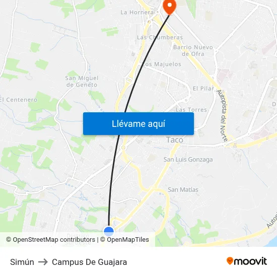 Simún to Campus De Guajara map