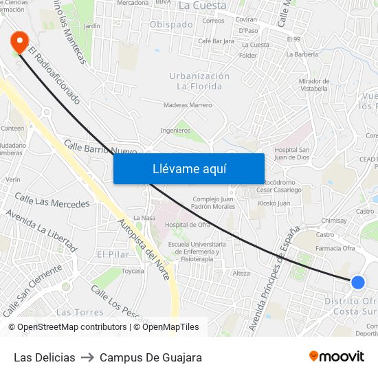 Las Delicias to Campus De Guajara map