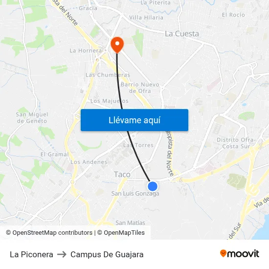 La Piconera to Campus De Guajara map