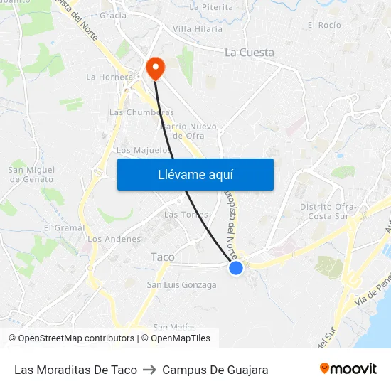 Las Moraditas De Taco to Campus De Guajara map