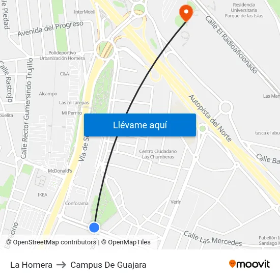 La Hornera to Campus De Guajara map