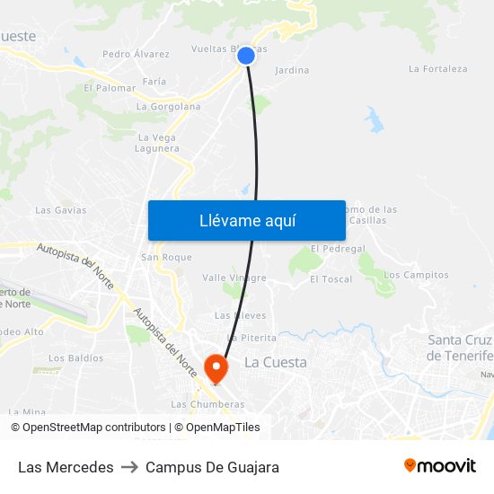 Las Mercedes to Campus De Guajara map