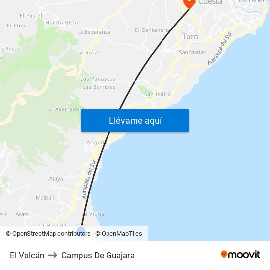 El Volcán to Campus De Guajara map