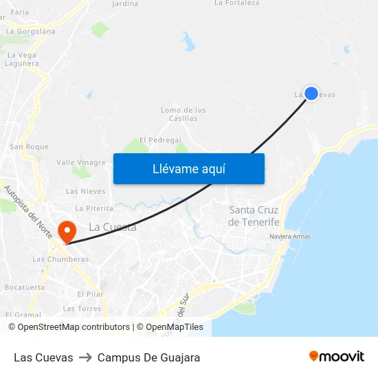 Las Cuevas to Campus De Guajara map