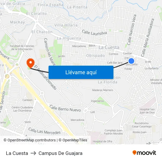 La Cuesta to Campus De Guajara map
