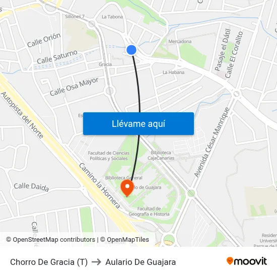 Chorro De Gracia (T) to Aulario De Guajara map