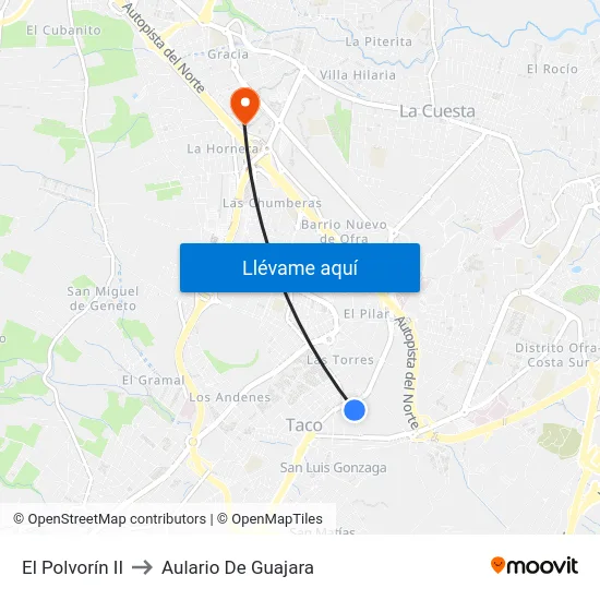 El Polvorín II to Aulario De Guajara map