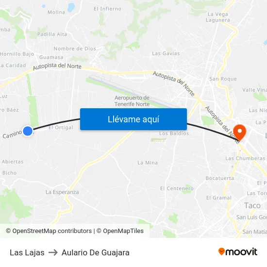 Las Lajas to Aulario De Guajara map