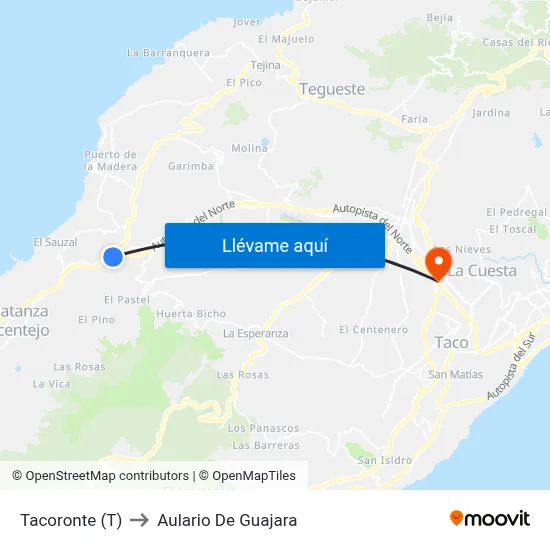 Tacoronte (T) to Aulario De Guajara map