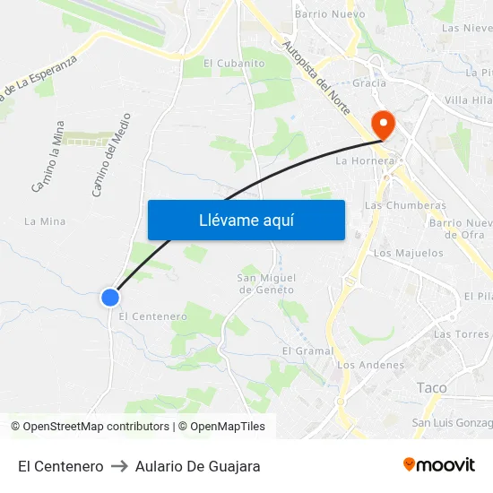 El Centenero to Aulario De Guajara map