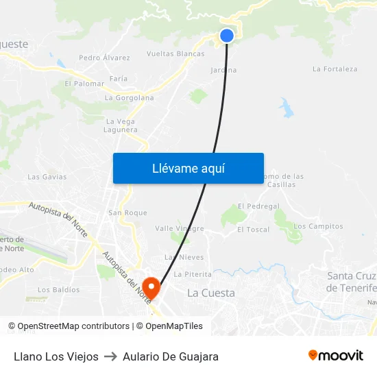 Llano Los Viejos to Aulario De Guajara map